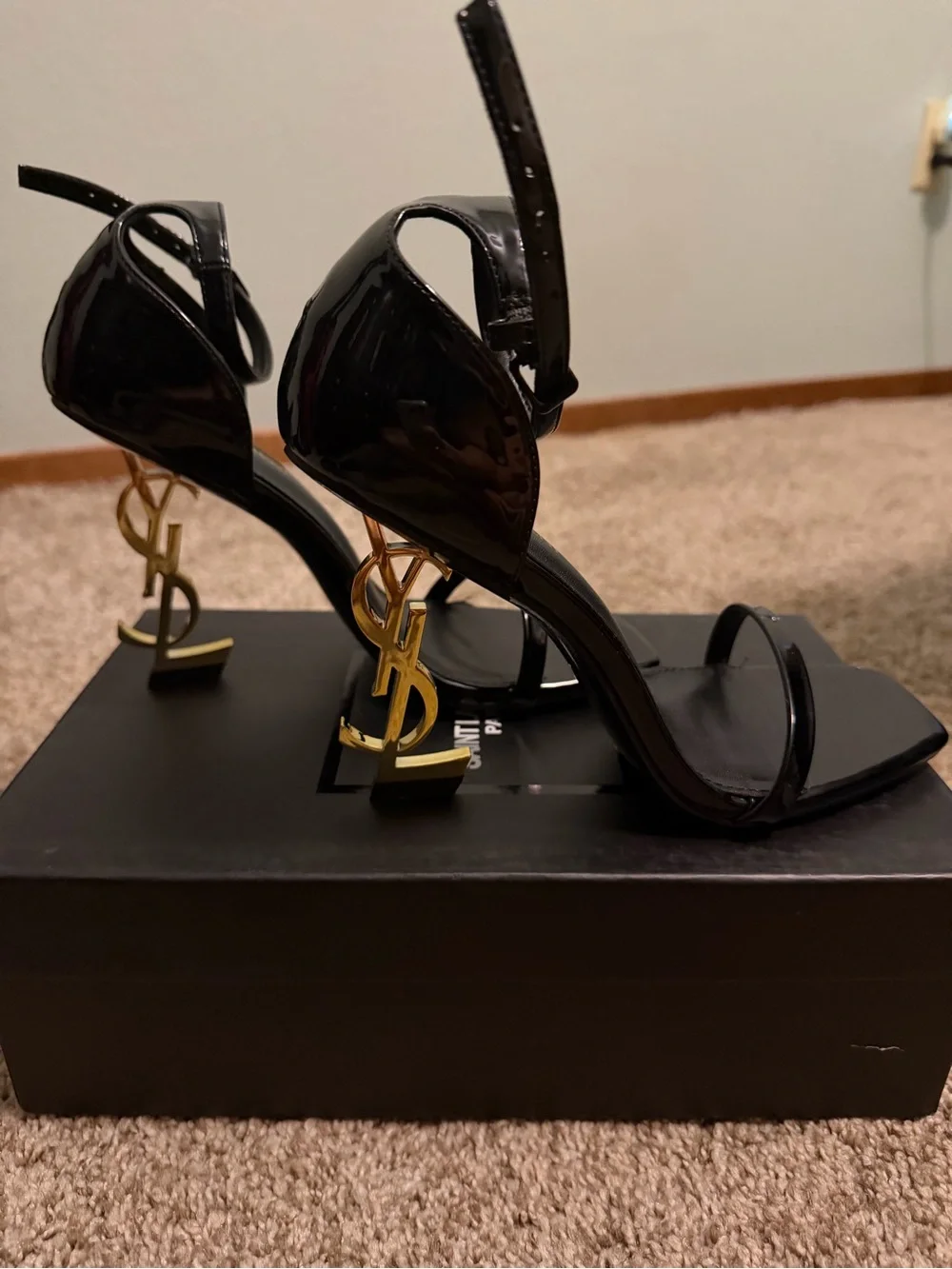 Saint Laurent Black Patent Heeled Sandals with Gold YSL Logo Heel